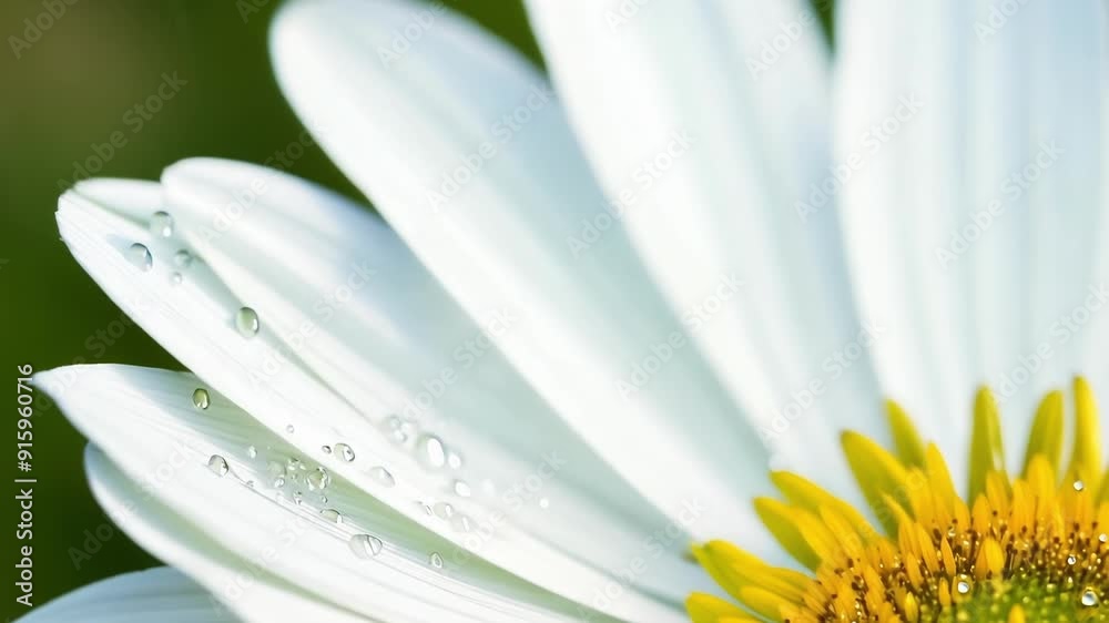 Poster a shallow depth of field shot of tiny water droplets adorning the intricate details of a white daisy