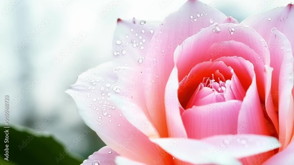 Poster a detailed view of raindrops delicately balanced on the petals of a pink peony showcasing the flower