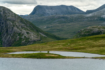 aerial view over Massvassbu area in the fjord of Andalsnes in Norway on a cold summer day - paradise for hikers