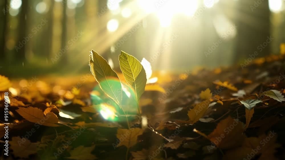 Poster A closeup of a forest floor capturing rays of sunlight filtering through the leaves and highlighting the delicate s of a fallen leaf.