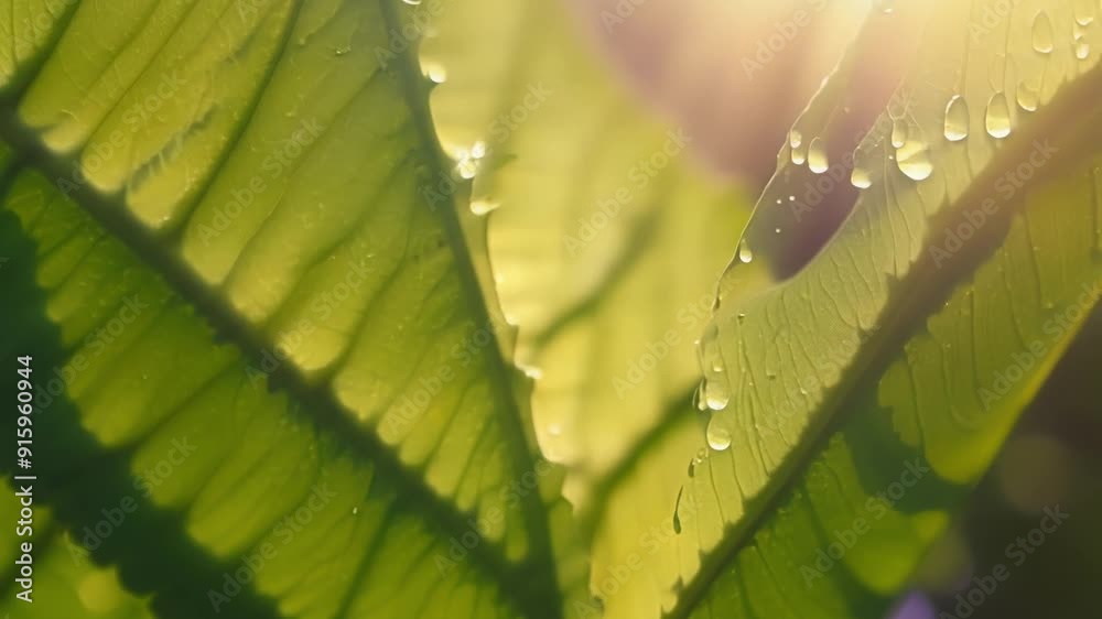 Poster A macro shot of a vibrant green leaf its s showcasing a complex network of lines that appear to dance in the sunlight.