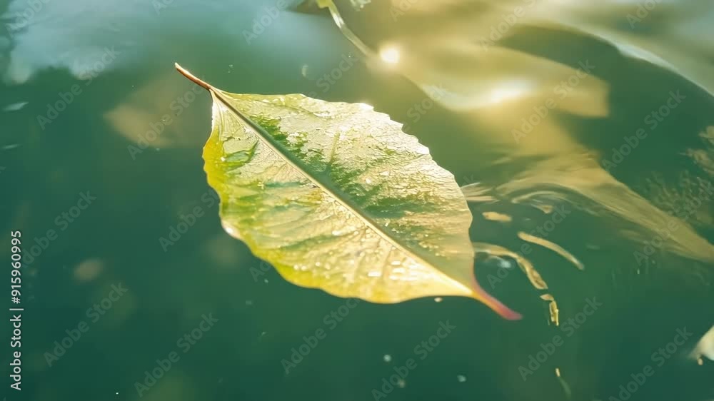 Poster A closeup of a leaf floating in a pool of water its s appearing more translucent as the suns reflection dances upon them.
