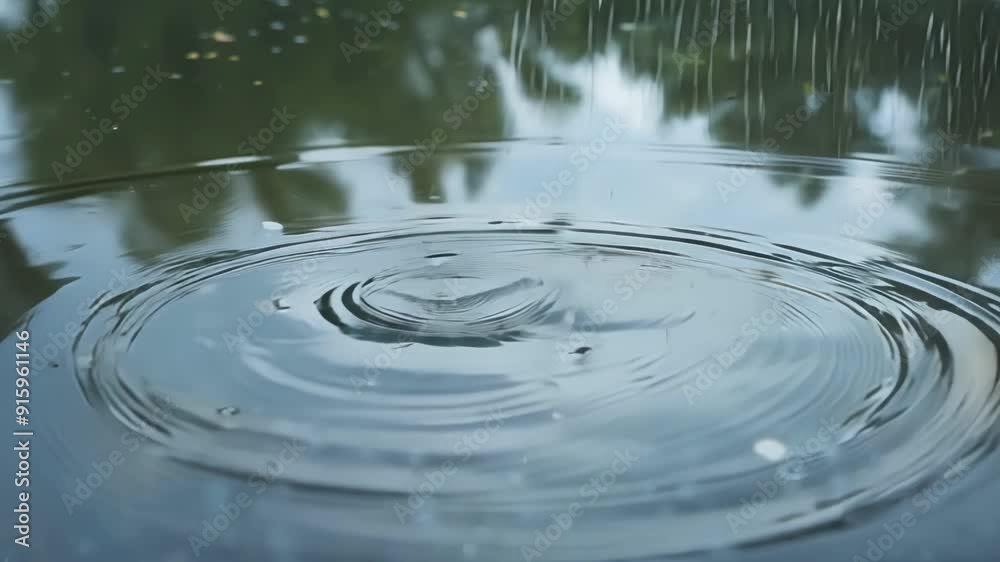 Poster An overhead shot of raindrop ripples on a puddle reflecting the surrounding scenery like a distorted mirror.