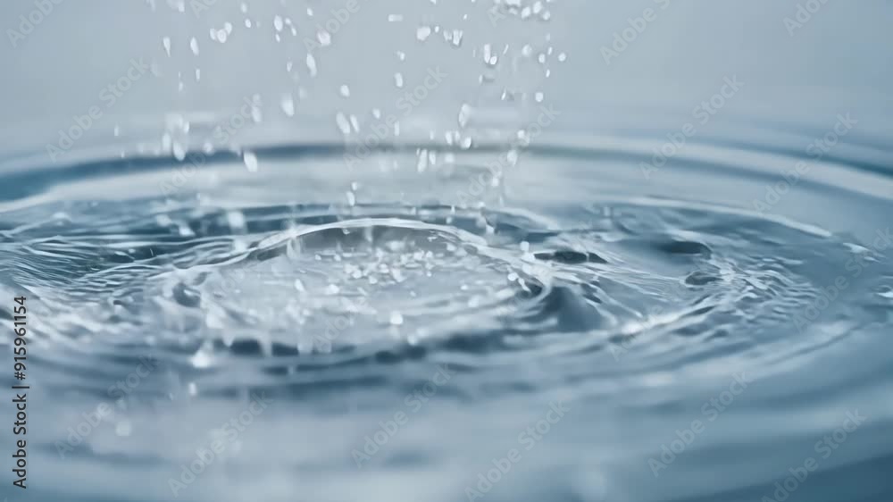 Poster a slow motion clip capturing the moment a raindrop hits the water and creates a rippling effect slow