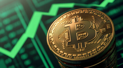 Bitcoin value rising up with many green arrow in background BTC crypto prices grow up Concept . Crypto chart rise up. cryptocurrency value new high bull market concept