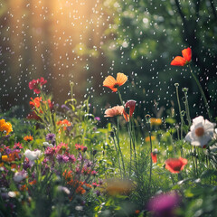 Obraz premium Colorful Flowers in a Garden with Rain and Sunlight.