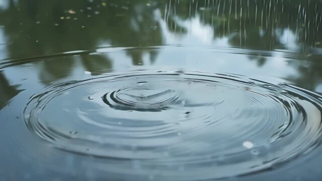 An overhead shot of raindrop ripples on a puddle reflecting the surrounding scenery like a distorted mirror.