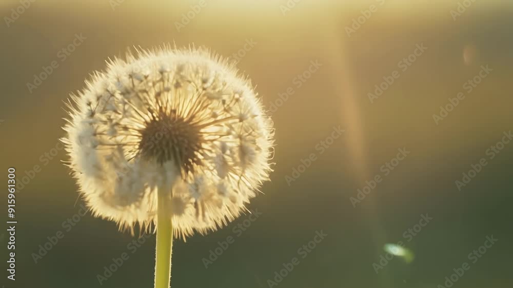 Poster upclose view of a dandelion seed head being blown on by a gentle breeze causing the seeds to dance t