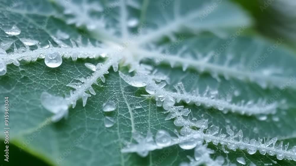 Poster A closeup of frost crystals forming intricate patterns on the edges of a leaf resembling miniature snowflakes.