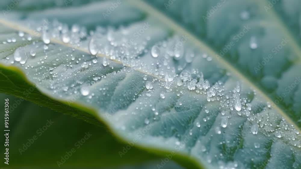 Poster A topdown view of tiny frost droplets clinging to the surface of a curved leaf creating a mesmerizing reflective effect.
