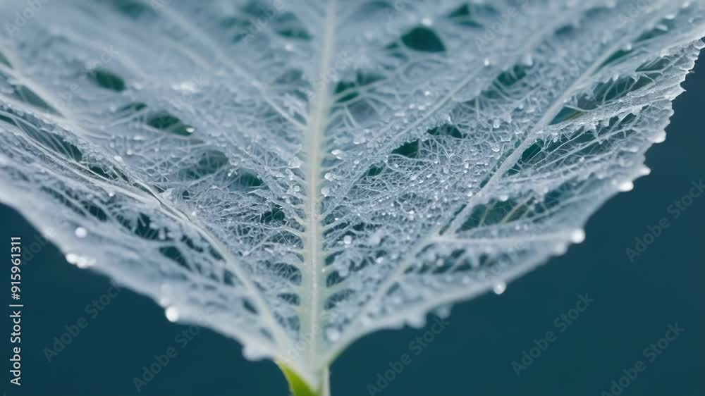 Poster Zooming in on a single leaf covered in delicate frost showcasing the intricate details and patterns formed by the frost crystals.