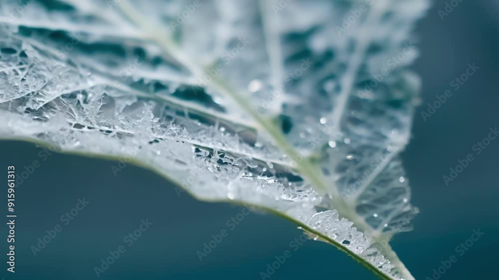 Poster A rotating shot of a leaf encased in frost revealing the different layers and textures formed by the frost crystals.