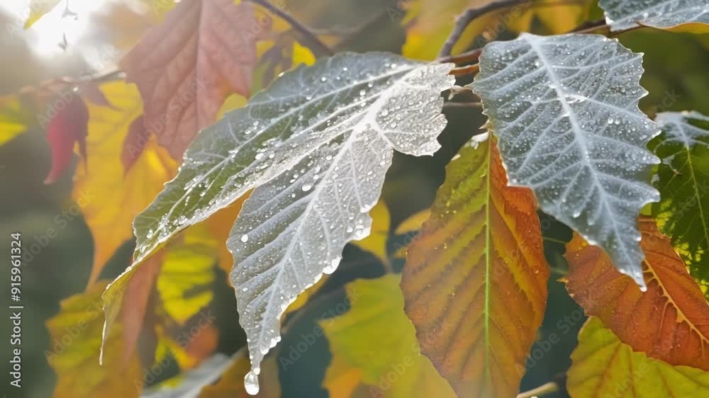 Poster closeups of vibrant autumn leaves dusted with morning frost creating a unique juxtaposition of warm 