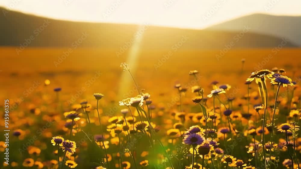 Poster in a mesmerizing panoramic shot the camera showcases a field of colorful wildflowers the sunlight gl