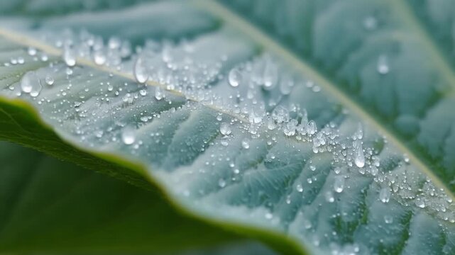 A topdown view of tiny frost droplets clinging to the surface of a curved leaf creating a mesmerizing reflective effect.