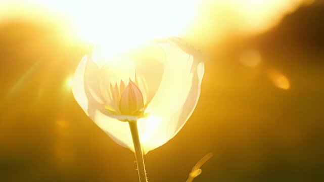 With the sun as a backdrop the camera focuses on a bright yellow flower capturing the way the light streams through its thin almost transparent petals creating a radiant glow.
