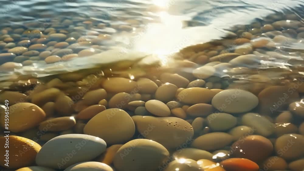 Poster A side angle shot of the river pebbles with the sun shining down from above creating a playful glare on the water and highlighting the vibrant colors and textures of the stones.