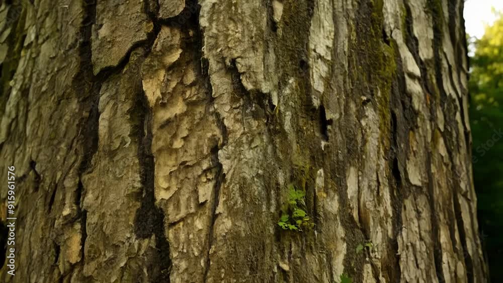 Poster The camera moves slowly over the bark of a tree showcasing the variations in color and texture as it captures the rough and smooth areas in stunning detail.