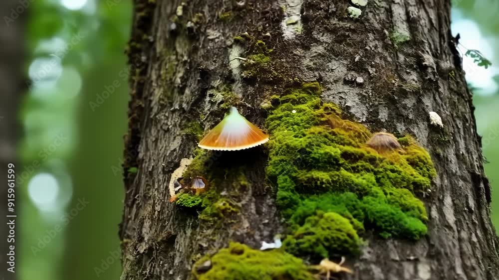 Poster an extreme closeup captures the tiny details of moss fungi and insects residing on the bark showcasi
