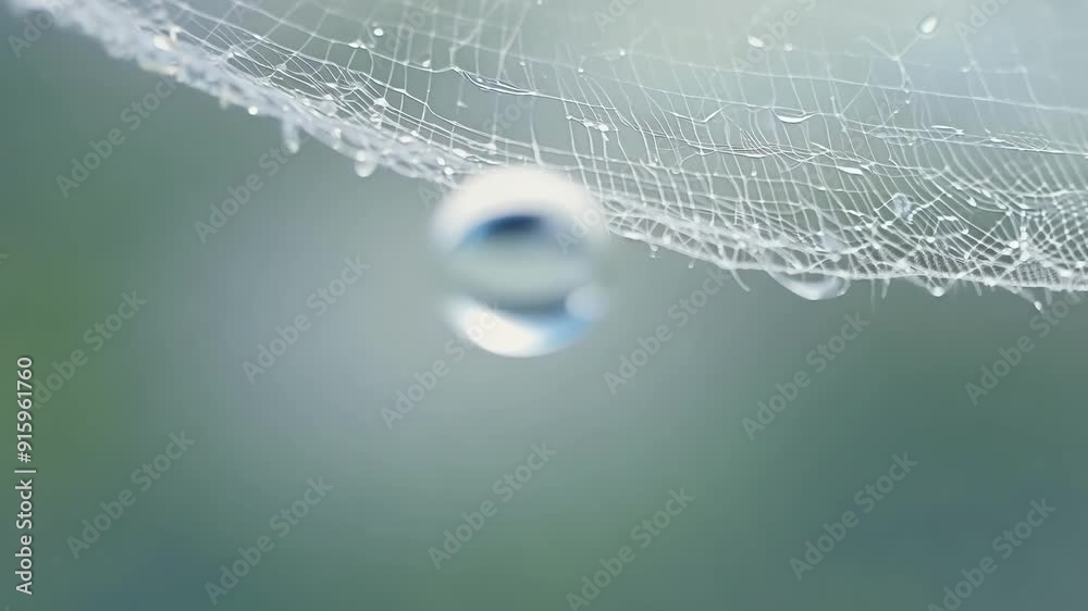 Aufkleber Slow motion footage of a water droplet gently rolling down a perfectly symmetrical spider web creating tiny ripples in its wake.
