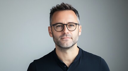 Obraz premium Professional headshot of a creative director, modern glasses, neutral-toned background, engaging and confident