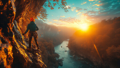 people abseiling outdoor fun activity in cinematic lighting.generative ai