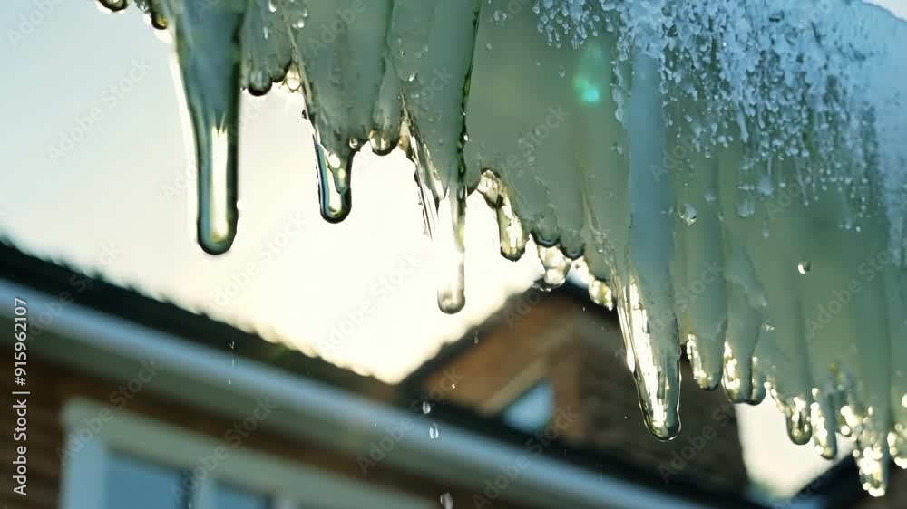 Poster a closeup of multiple icicles on the edge of a rooftop with water cascading down as they slowly melt