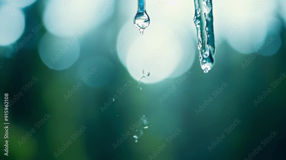 Poster a slowmotion footage of icicles melting in a forest with the sound of falling water echoing in the q