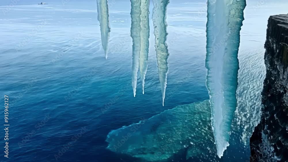 Poster An overhead view of a large icicle melting on the edge of a cliff with the ocean water below reflecting the melting process.