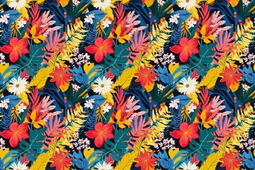 Fototapeta premium Colorful tropical pattern with lush leaves and vibrant exotic flowers
