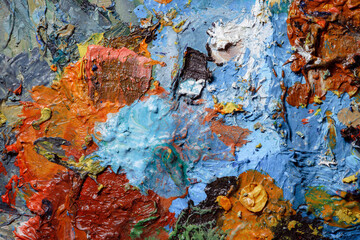 Colorful abstract texture. Smears of oil paint and a palette knife on an art palette. The concept...