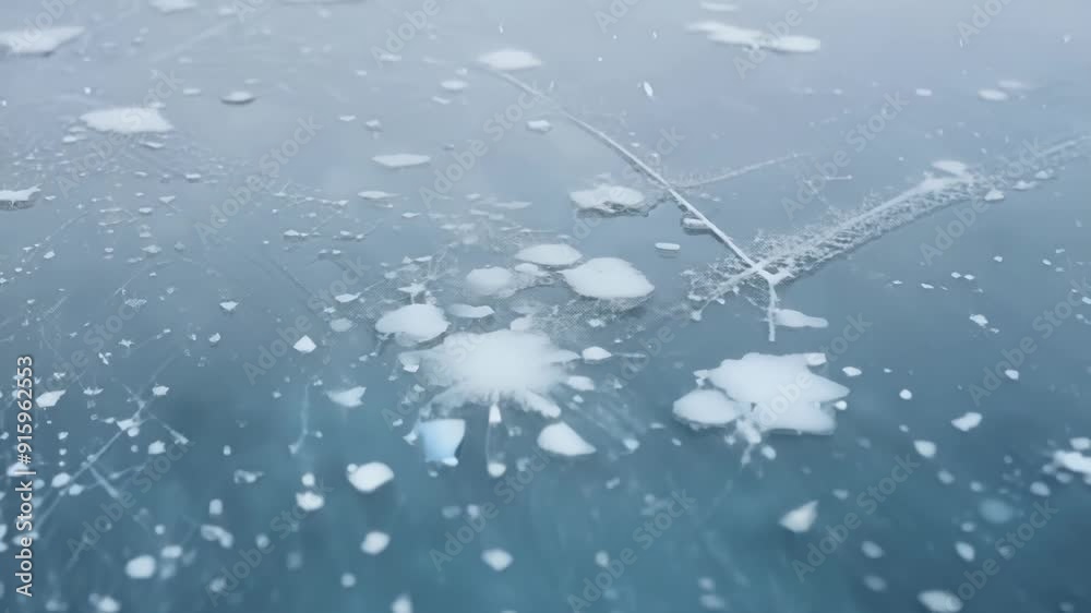 Aufkleber A closeup of a frozen lake with delicate snowflakes resting on its surface and creating a unique texture.