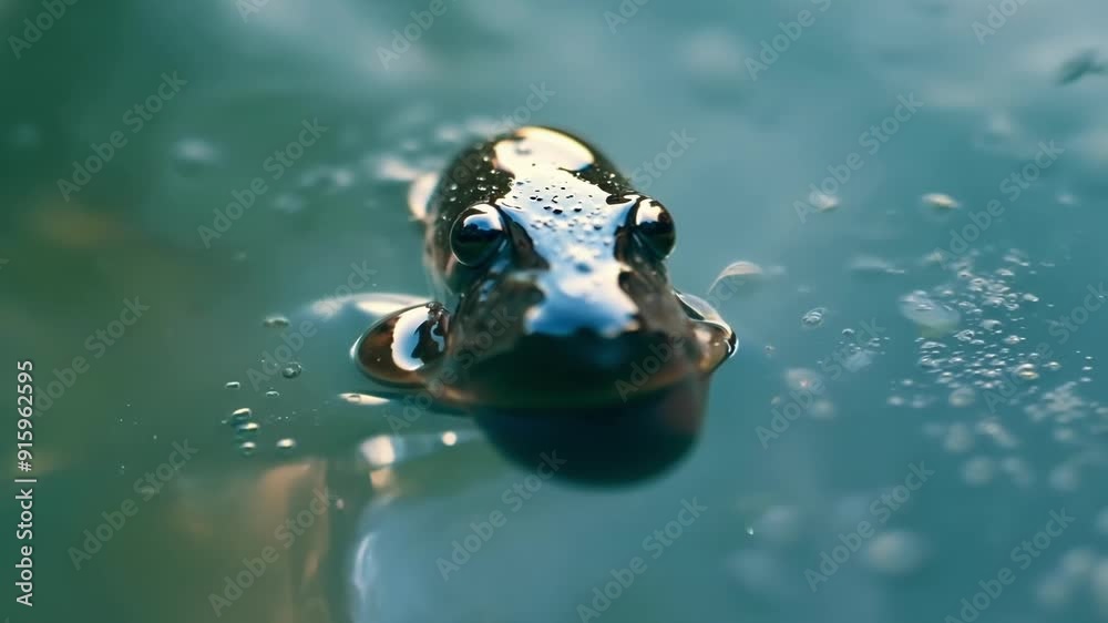 Poster a curious tadpole pokes its head out of the water its big eyes and small mouth giving it an almost c