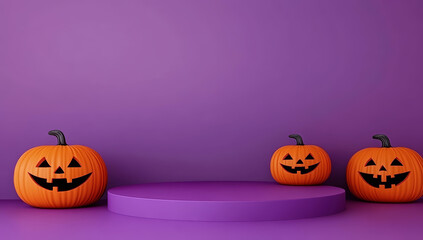 3D Halloween podium scene with pumpkins and purple empty platform. Sale product background podium poster stage platform template