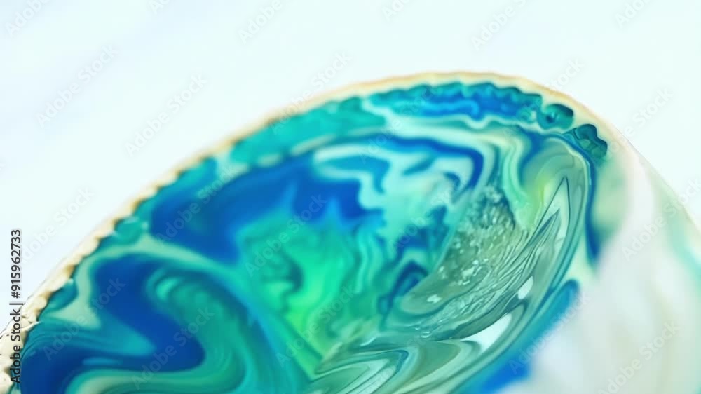 Poster intricate swirls and curving lines in shades of blue and green on a white sea shell resembling an un