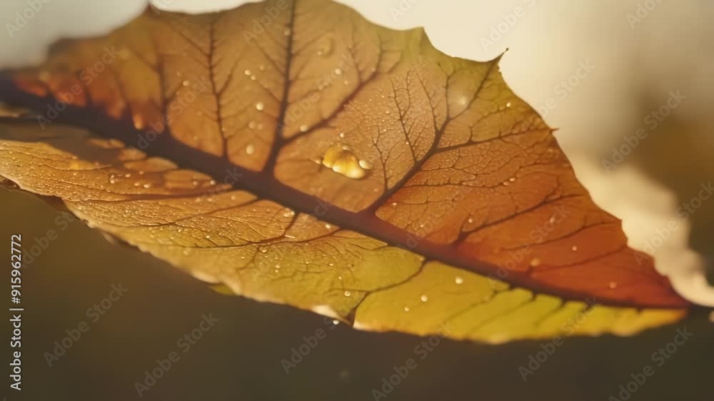 Aufkleber Singular focus A closeup of a single leaf against a blurred background showcasing the intricate details and vivid colors of natures transition.