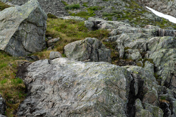 aerial view over Massvassbu area in the fjord of Andalsnes in Norway on a cold summer day - paradise for hikers