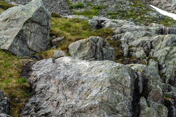 drone aerial view over Massvassbu are close to Isfjorden/Andalsnes in the fjord of Norway. Hikingtrail on a summer cold day