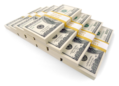 Pyramid of 100 Thousand Dollars of One Hundred Dollar Bills Isolated. Transparent PNG.