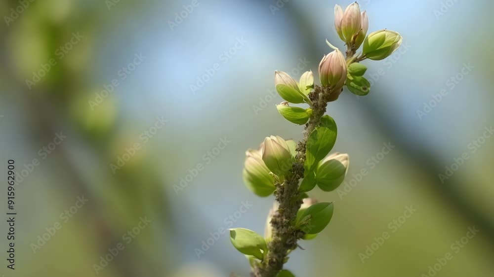 Poster Detailed shot of a budding tree branch with tiny buds in various stages of development dotting its length.