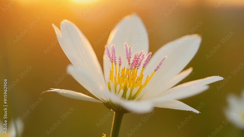 Poster the camera zooms in on a of delicate white wildflowers revealing the tiny yellow stamens and tiny pi