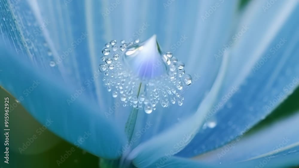 Poster the camera zooms in on a fragile blue wildflower giving a detailed view of the tiny droplets of morn