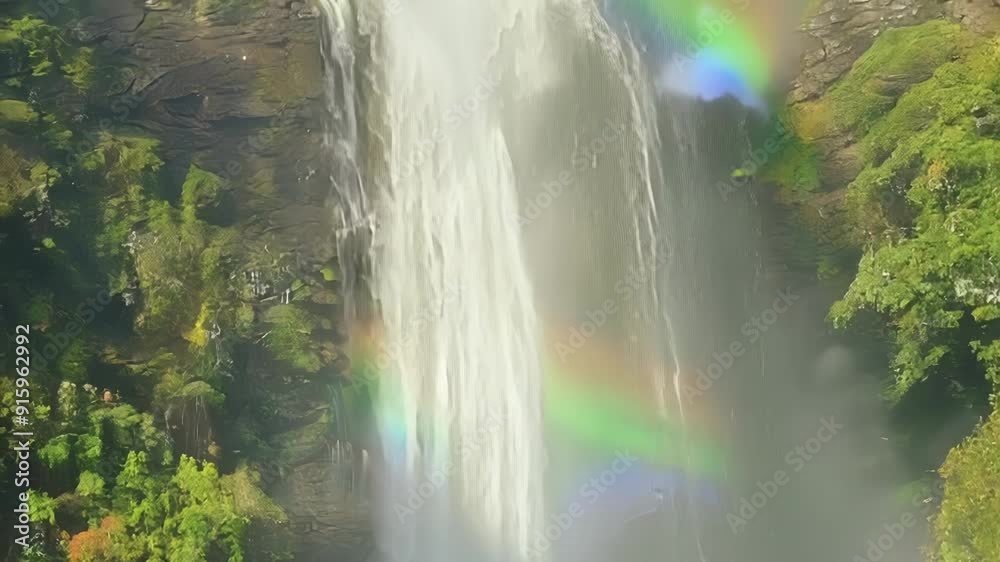 Poster A mesmerizing view of the waterfall spray as it dances in the sunlight creating a rainbow effect.