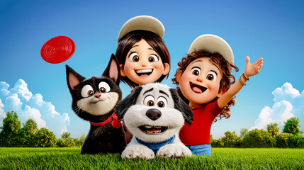 Joyful Family Outing Animated scene of a happy family enjoying time together with their adorable pets in a sunny park capturing the essence of love and companionship