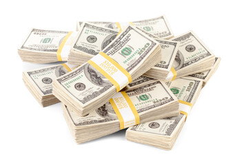 Ten Thousand Dollar Stacks of One Hundred Dollar Bills Isolated. Transparent PNG.