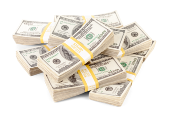 Ten Thousand Dollar Stacks of One Hundred Dollar Bills Isolated. Transparent PNG.