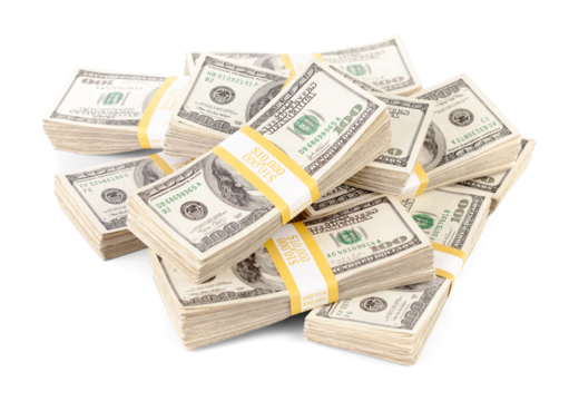Ten Thousand Dollar Stacks of One Hundred Dollar Bills Isolated. Transparent PNG.
