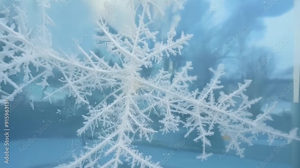 Poster The frost has transformed the window into a winter wonderland with a layer of intricately patterned snow covering the glass.