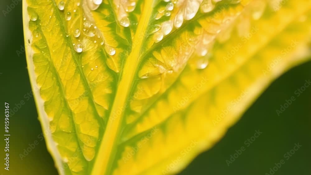Poster A macro view of the s and intricate patterns on a bright yellow and green autumn leaf.