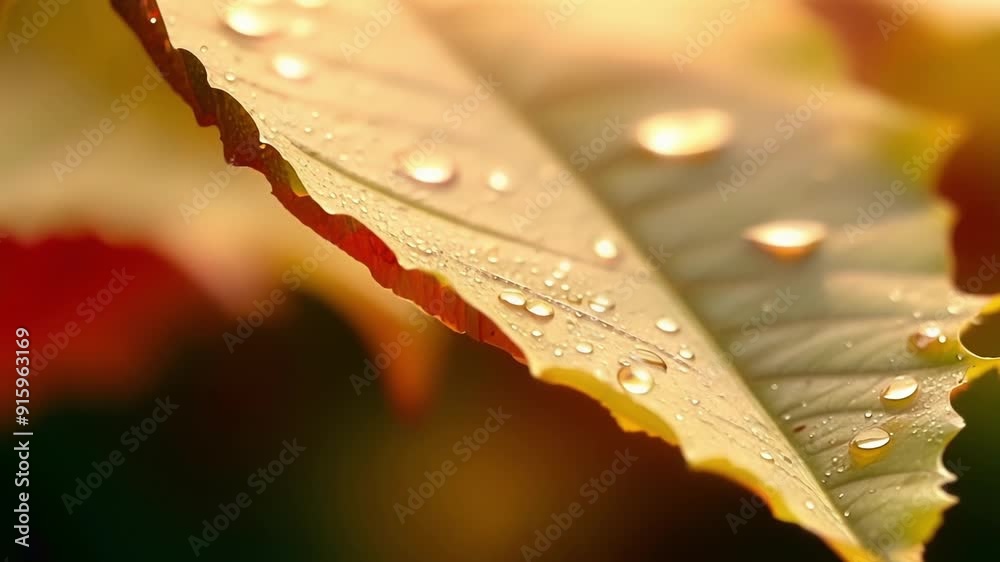 Poster a detailed view of a delicate autumn leaf covered in tiny droplets of morning dew enhancing its vibr
